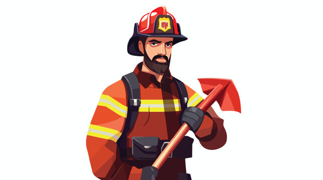 American firefighter fireman in helmet holds an ax