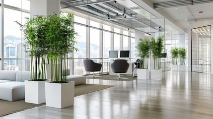 modern eco friendly office interior decorated with plants, environment friendly office interior architecture, tables chairs plants, lucky bamboo plants in office - obrazy, fototapety, plakaty