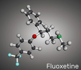 Fluoxetine molecule, is antidepressant of the selective serotonin reuptake inhibitor SSRI. Molecular model. 3D rendering