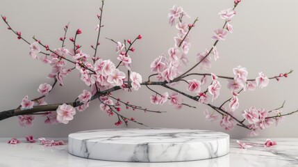 Round marble stone podium platform for product presentation and spring flowering pink blooming branch.