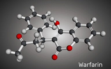 Warfarin drug molecule. Warfarin is an anticoagulant, used to prevent blood clot formation. Molecular model. 3D rendering.