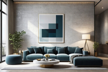 mock up poster frame in modern interior background, interior space, living room, Contemporary style, 3D render, 3D illustration