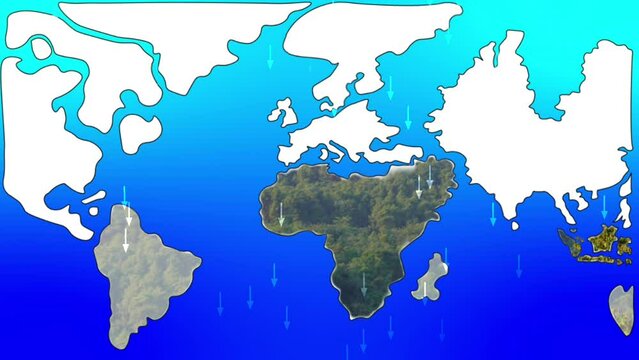 Animated illustration motion graphic Rain blue world map with pop up land continent