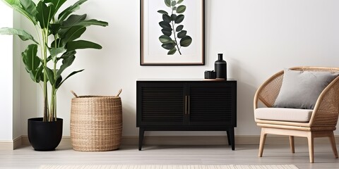 Stylish Scandinavian living room decor with black frame, design commode, leaf in vase, rattan basket, books, and elegant accessories. Template included.