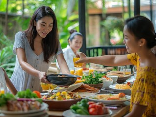 Two women sharing a joyful moment at a table full of fresh, colorful dishes in a tropical setting.