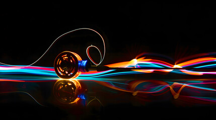 Neon silhouette of a fishing rod with reel and bobber isolated on black background. - obrazy, fototapety, plakaty