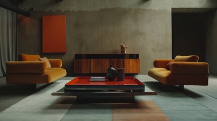 Witness the transformation of a room into a sanctuary of modern opulence, featuring two lavish sofas and a colorful coffee table, all expertly captured in HD to highlight the beauty of minimalistic lu - obrazy, fototapety, plakaty