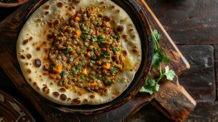 Bele Holige: A flatbread stuffed with a savory lentil filling made with moong dal, spices, and sometimes vegetables.Indian food - obrazy, fototapety, plakaty