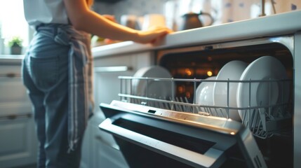 Young woman tidies up cups and dishes in the kitchen, duties of a good housewife