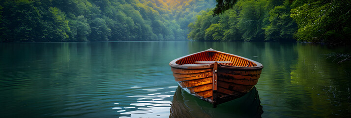 canoe on the lake,
A boat on a river in the morning - obrazy, fototapety, plakaty
