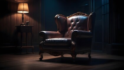 Classic armchair subjective isolated in a dark room, wooden floor, macro, one subject, free, no people