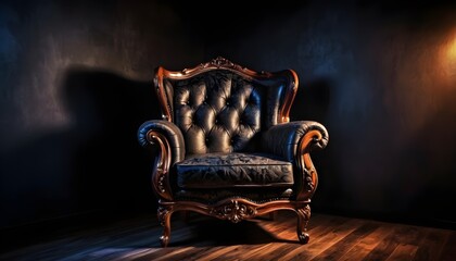 Classic armchair subjective isolated in a dark room, wooden floor, macro, one subject, free, no people