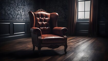 Classic armchair subjective isolated in a dark room, wooden floor, macro, one subject, free, no people