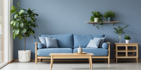 Blue three-seater sofa, wooden tables, and indoor plants in the living room.