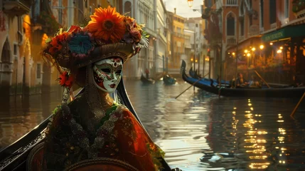 Fotobehang In a Venetian canal adorned with ancient architecture, a solitary figure glides along in a gondola. © Ayesha