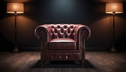 Classic armchair subjective isolated in a dark room, wooden floor, macro, one subject, free, no people