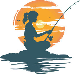 
Perched on a pebble, a young woman fishes along the seashore. The vibrant hues of a youthful fisherwoman
