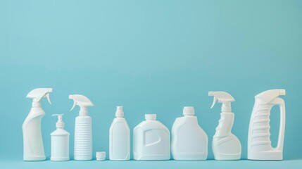 Set of white bottles of different cleaning procucts on blue background 
