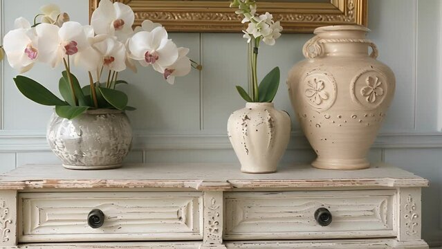 A detailed stenciled pattern in soft pastel colors adorns a neutralcolored dresser adding a pop of color and texture.