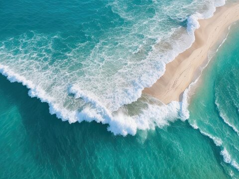Take a picture of the beach and waves from above using the drone's top-down, blue ocean view.