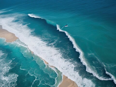 Take a picture of the beach and waves from above using the drone's top-down, blue ocean view.