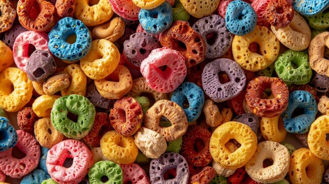 tempting close-up of multicolored breakfast cereal loops