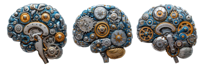 Mechanical brain isolated on transparent background ,cyborg brain network ,generative ai