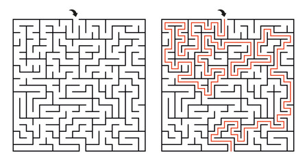 Square Maze Puzzle, Medium Difficulty. Printable Maze Game for Kids and Adults.  Maze  with Solution