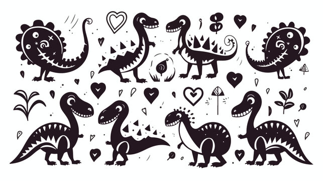 Black And White Valentines Dinosaurs Clipart. Valenti