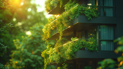 Green facade, vertical garden in architecture. Ecological building. Green architecture. - obrazy, fototapety, plakaty