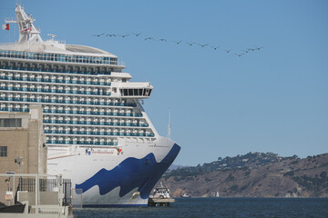 Modern mega cruiseship cruise ship liner Royal or Regal docked at terminal in port San Francisco,...