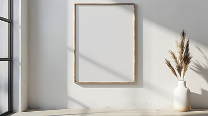 An empty, white poster frame on a clean wall
