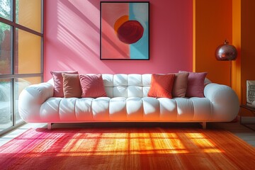 Chic white sofa against pink and orange walls, vibrant modern living space