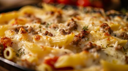 Greek Pastitsio of penne, ground lamb, grated cheese, and tomatoes topped with bechamel sauce and melted cheese in baking dish