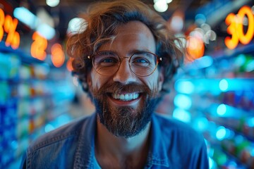Happy man with beard smiling in store with percentage signs in background - obrazy, fototapety, plakaty