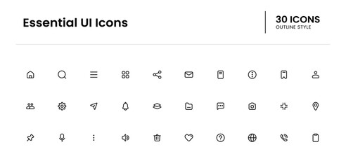Essential UI icon set. ui, mobile, vector, line, web, interface. Vector outline icon illustration