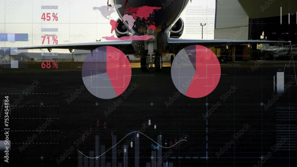 Aufkleber animation of data processing and diagrams over plane at airport