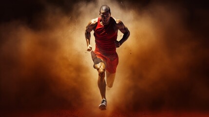 Fototapeta na wymiar Athletic strong fast Runner, Sprinter, Man running on a treadmill on a sports track on a dark abstract background with light. Competitions, Sports, Energy, Running, Training, Healthy lifestyle concept