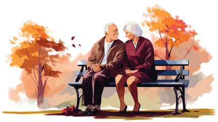 Elderly couple sitting on a bench in the park vector - obrazy, fototapety, plakaty