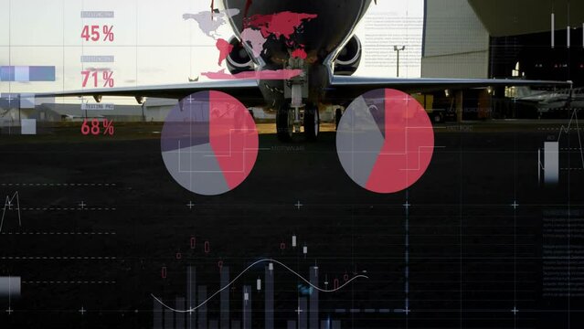 Animation of data processing and diagrams over plane at airport