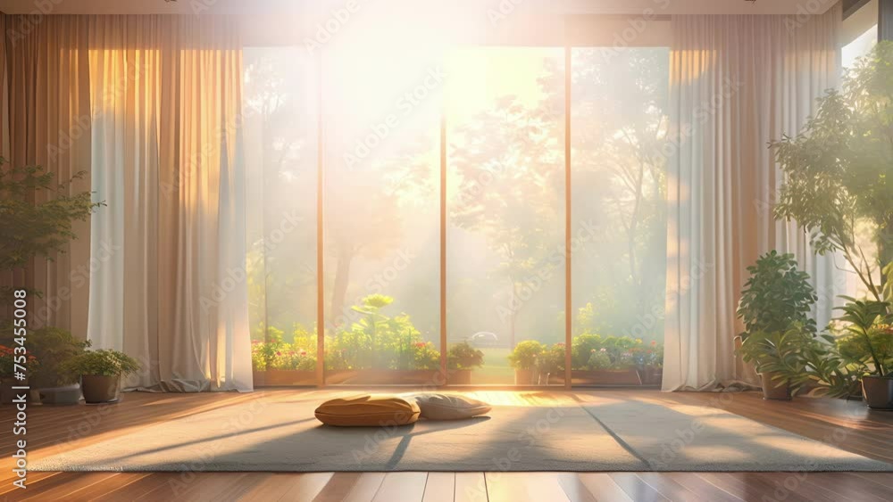 Poster a topdown perspective of a luxurious living room with automated curtains gracefully cascading down t