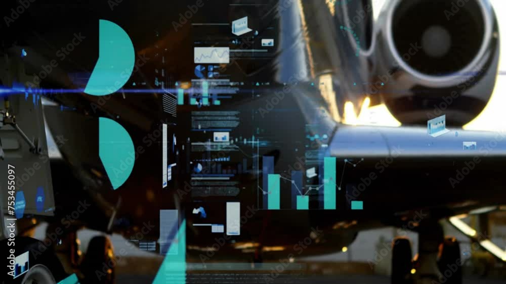 Poster animation of data processing and diagrams over plane at airport