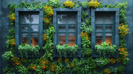 Fototapeta na wymiar Green facade, vertical garden in architecture. Ecological building. Green architecture.
