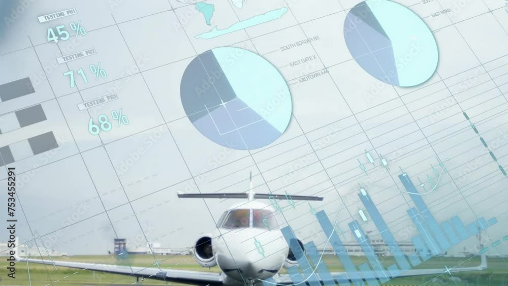 Poster animation of data processing and diagrams over plane at airport