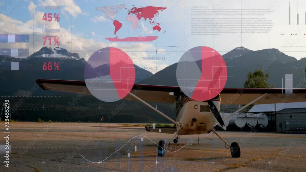 Poster animation of data processing and diagrams over plane at airport