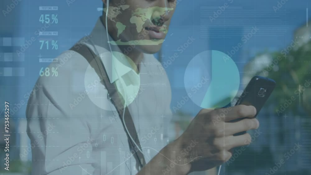 Poster animation of data processing and diagrams over biracial casual businessman using smartphone