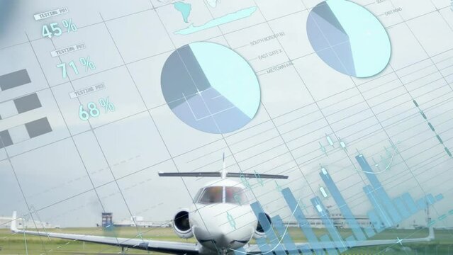 Animation of data processing and diagrams over plane at airport