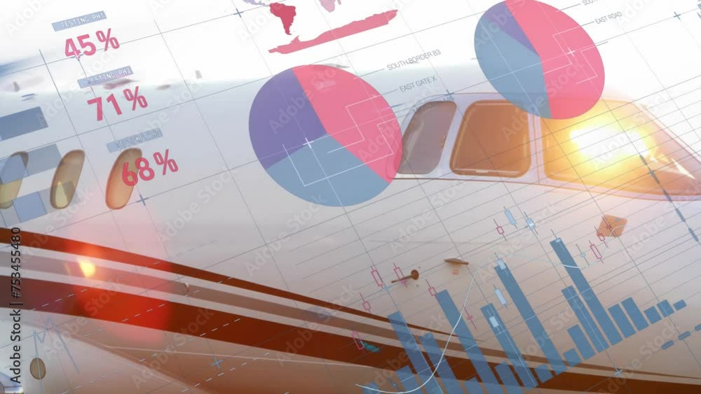 Poster animation of data processing and diagrams over plane at airport
