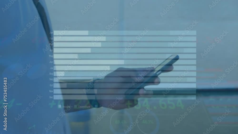 Poster animation of data processing and diagrams over biracial casual businessman using smartphone