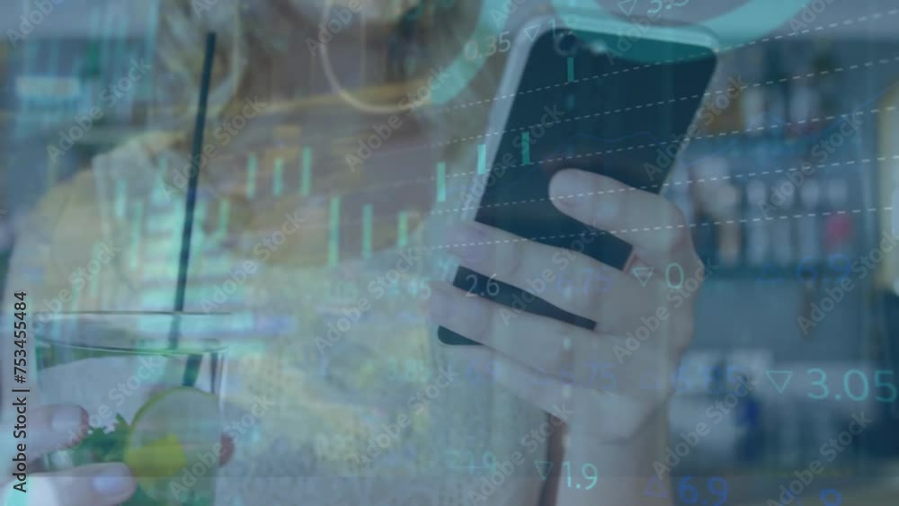 Poster animation of data processing and diagrams over caucasian woman with drink using smartphone